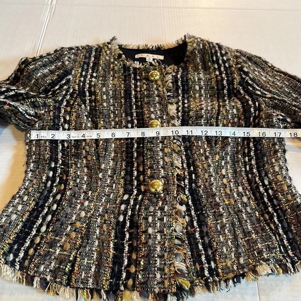 CAbi quarter length frayed 30%wool jacket multicolored in small w gold buttons - Picture 3 of 12